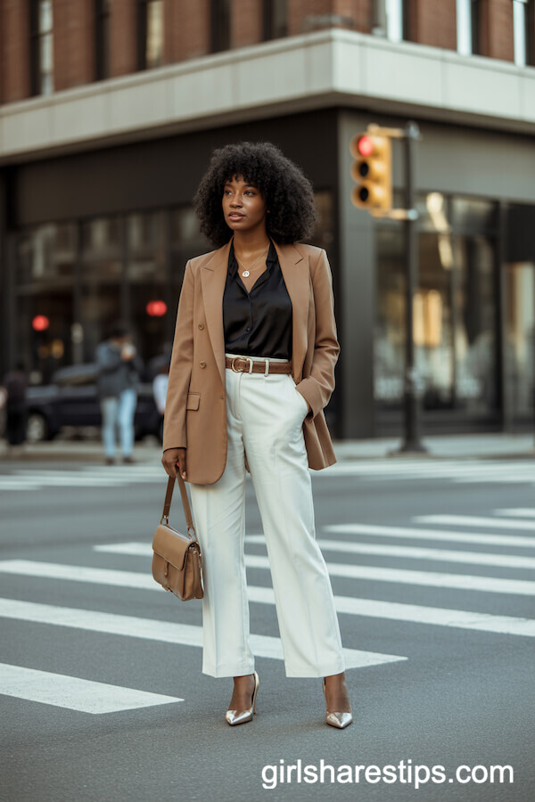 White pants with camel blazer and pumps