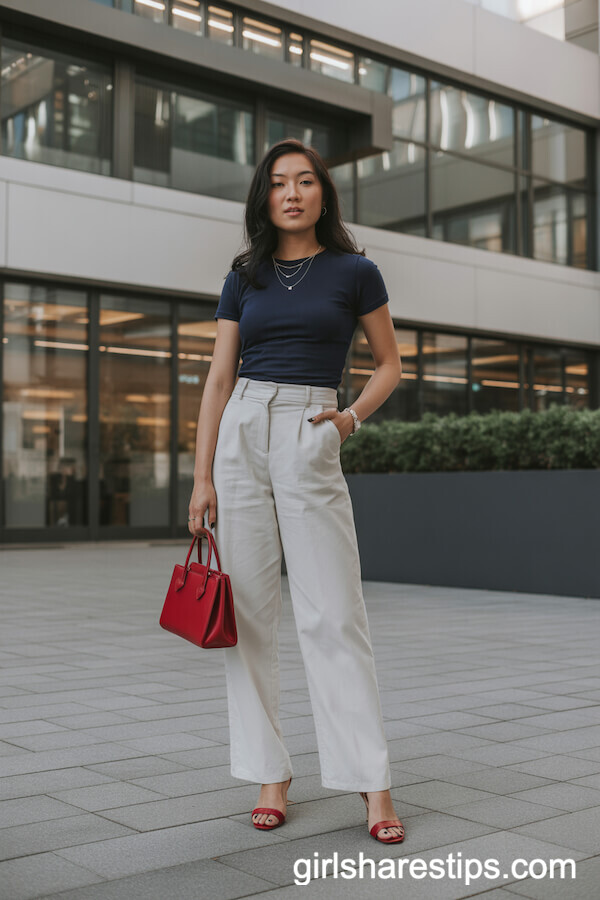 High-waisted white slacks with navy tee