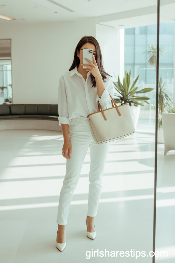 All-white ensemble with button-down shirt and pumps