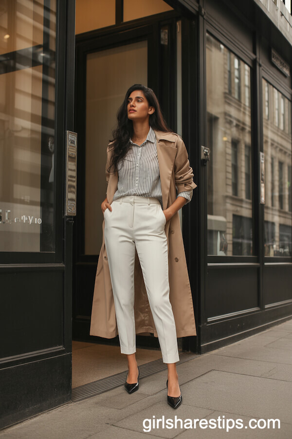 Slim white cigarette pants with beige trench coat