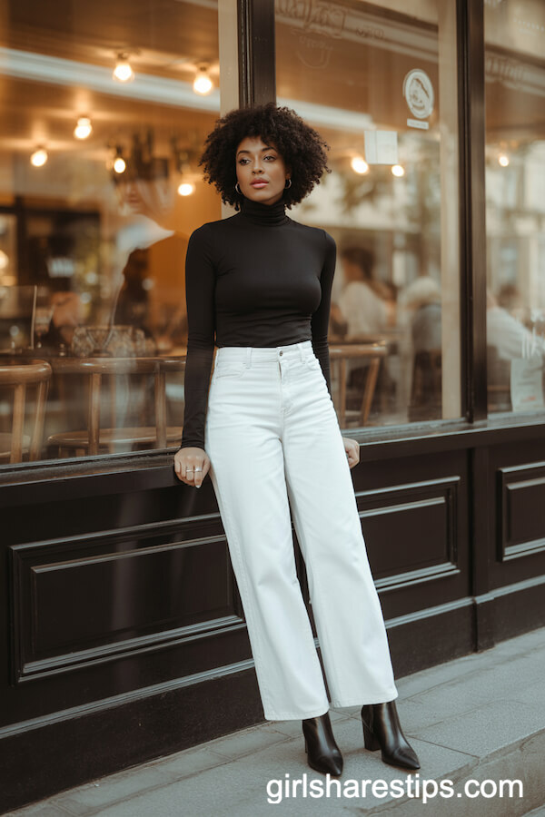White wide-leg pants with black fitted turtleneck