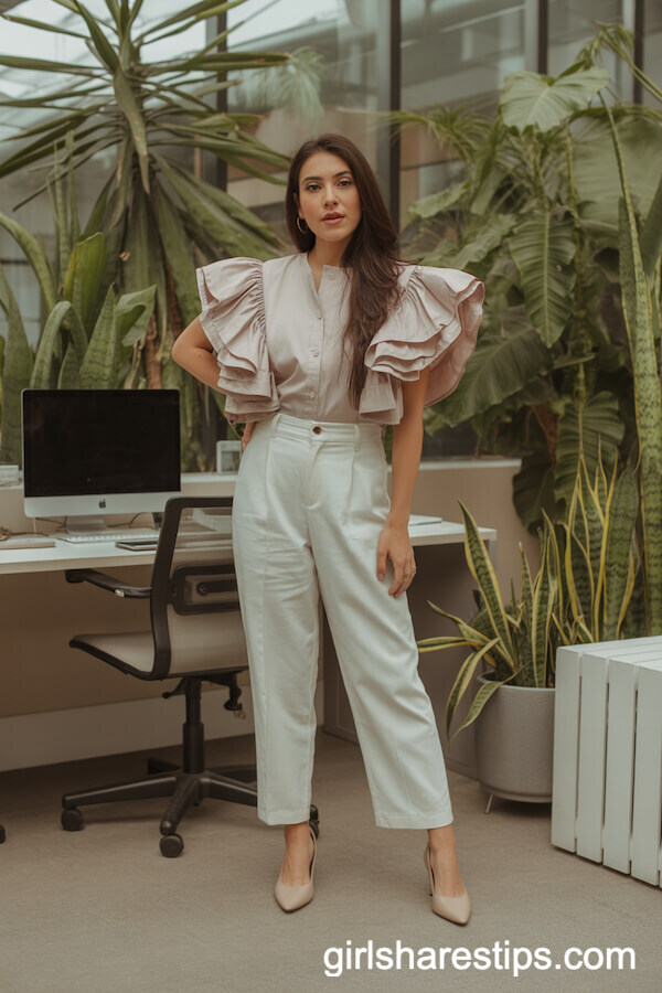 Tapered white pants with ruffled sleeve blouse