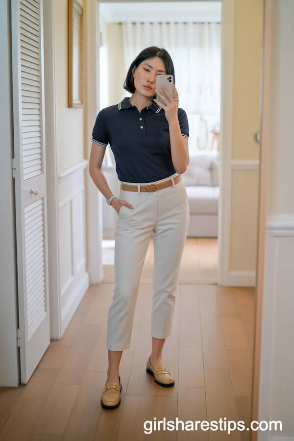 White cropped pants with navy polo shirt