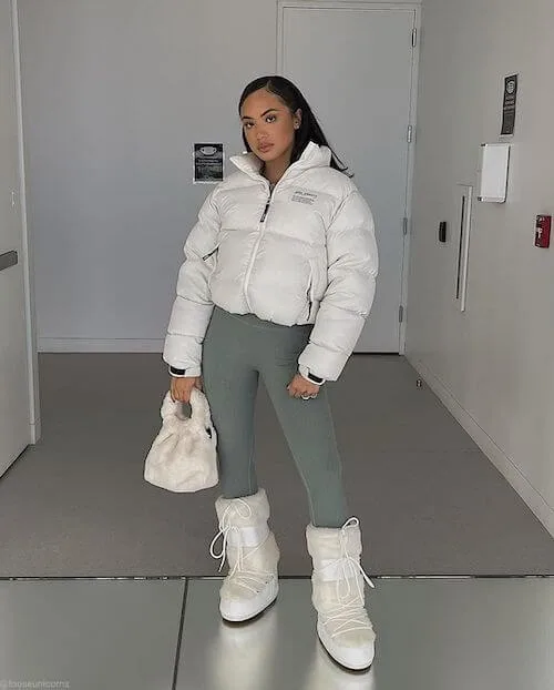 baddie white puffer jacket outfit for black woman