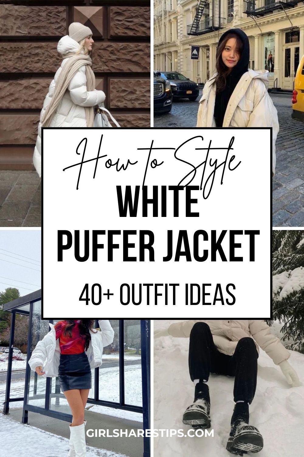 white puffer jacket outfit ideas collage
