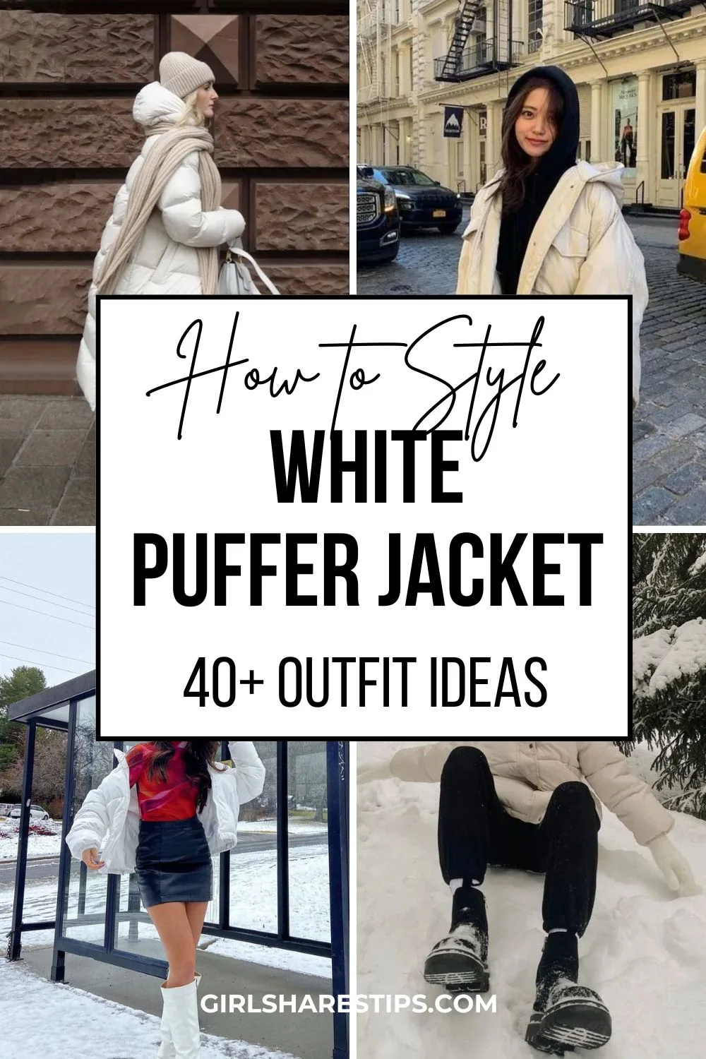 white puffer jacket outfit ideas collage