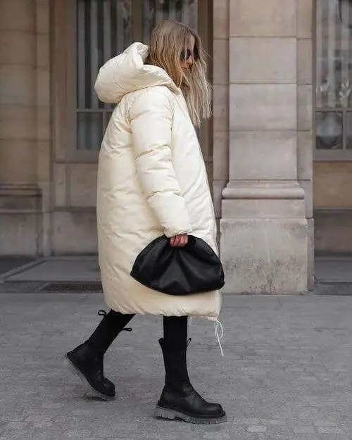 white long puffer coat outfit ideas in winter