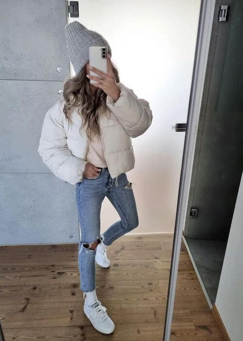 white puffer jacket outfit