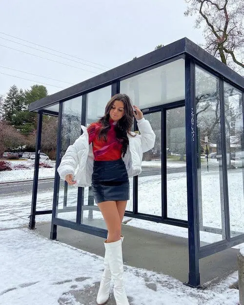 white puffer jacket outfit with skirt