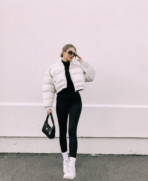 crop white puffer jacket outfit