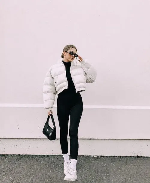 crop white puffer jacket outfit