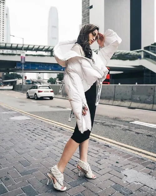 cropped white puffer jacket outfit with dress