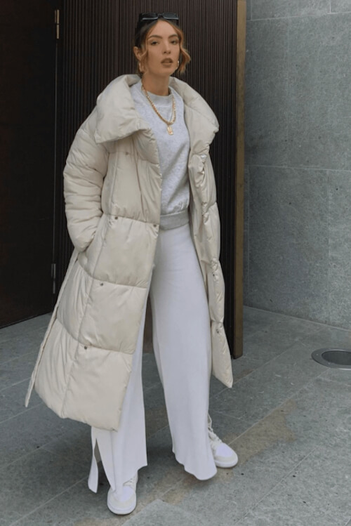 maxi white puffer jacket outfit