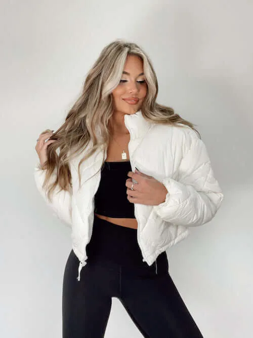 crop white puffer jacket outfit