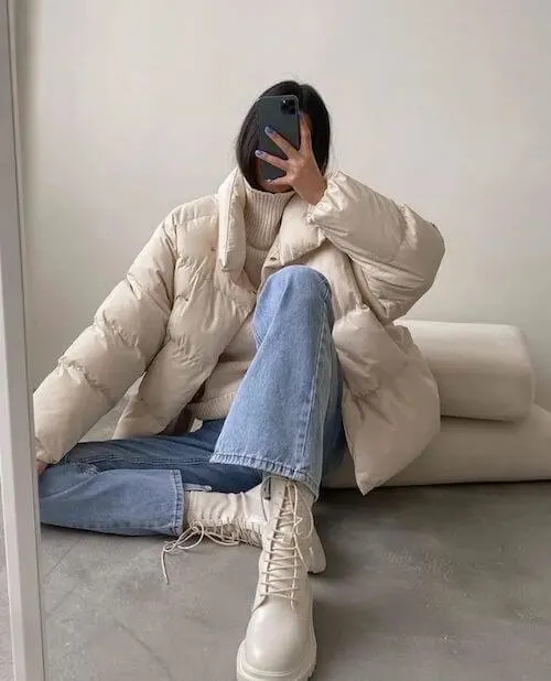 white puffer jacket outfit