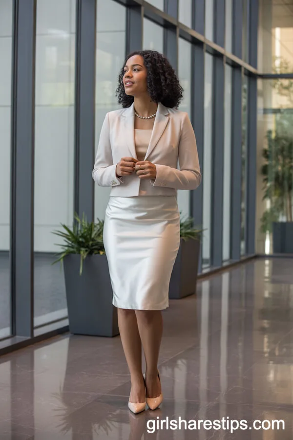 White Satin Pencil Skirt with Beige Blazer and Nude Heels