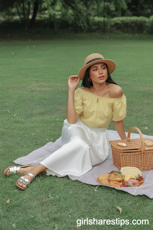 White Satin Skirt with Yellow Off-Shoulder Top and Straw Hat