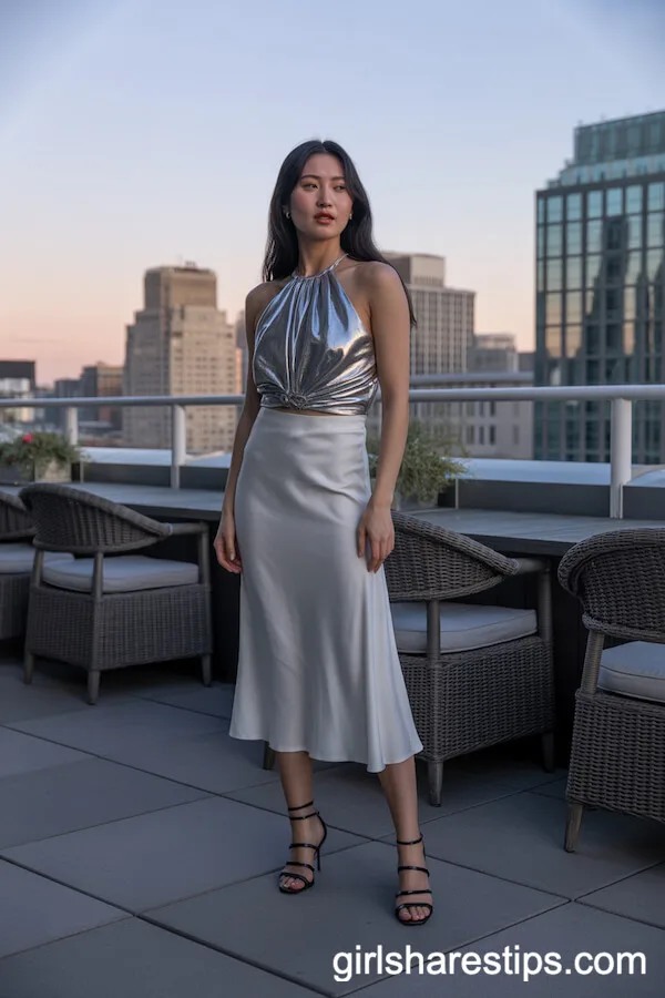 White Satin Skirt with Metallic Silver Top and Strappy Heels