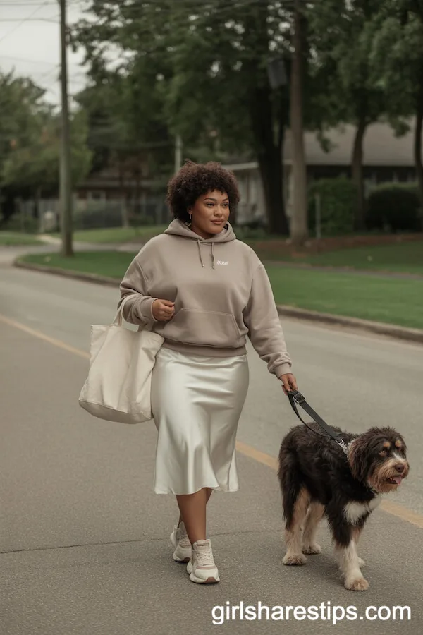 White Satin Skirt with Cozy Hoodie and Chunky Sneakers