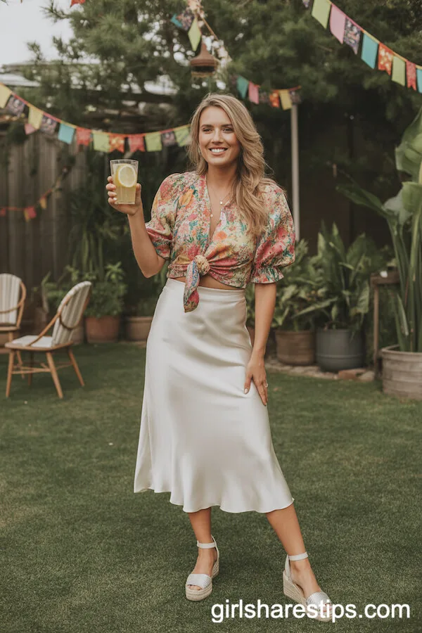 White Satin Midi Skirt Styled with Floral Blouse and Espadrille Wedges