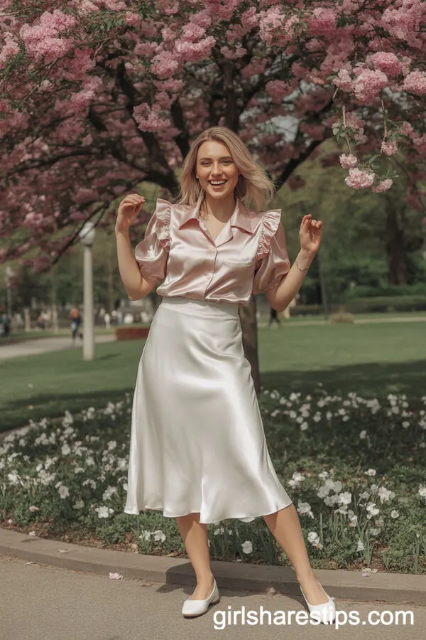 White Satin Midi Skirt with Pink Ruffle Blouse and Ballet Flats