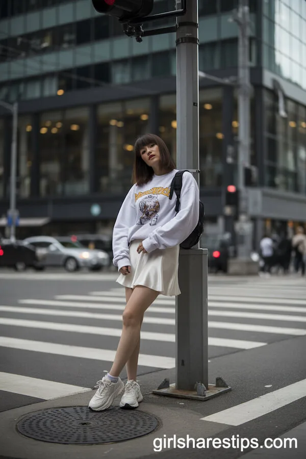 White Satin Skirt with Oversized Sweatshirt and Chunky Sneakers