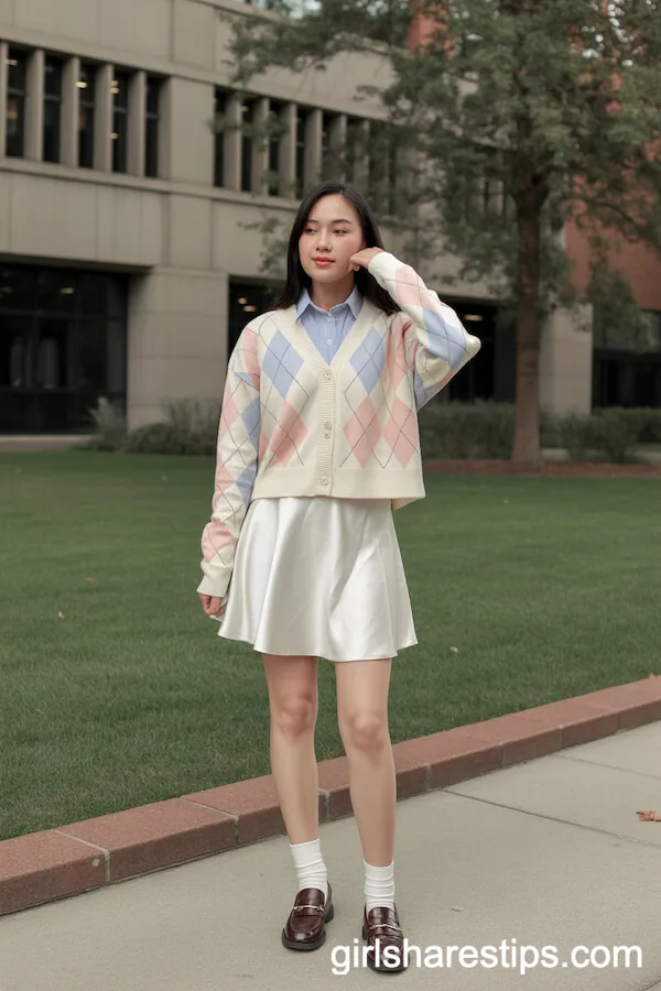 White Satin Skirt with Argyle Cardigan, Shirt, and Loafers