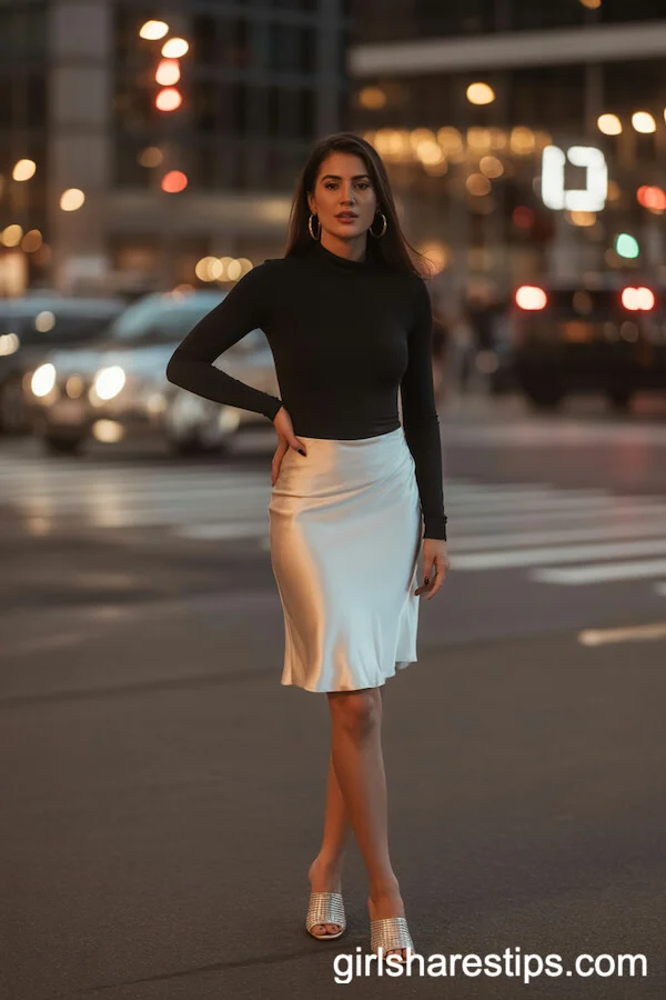 White Satin Skirt with Black Bodysuit and Heeled Mules