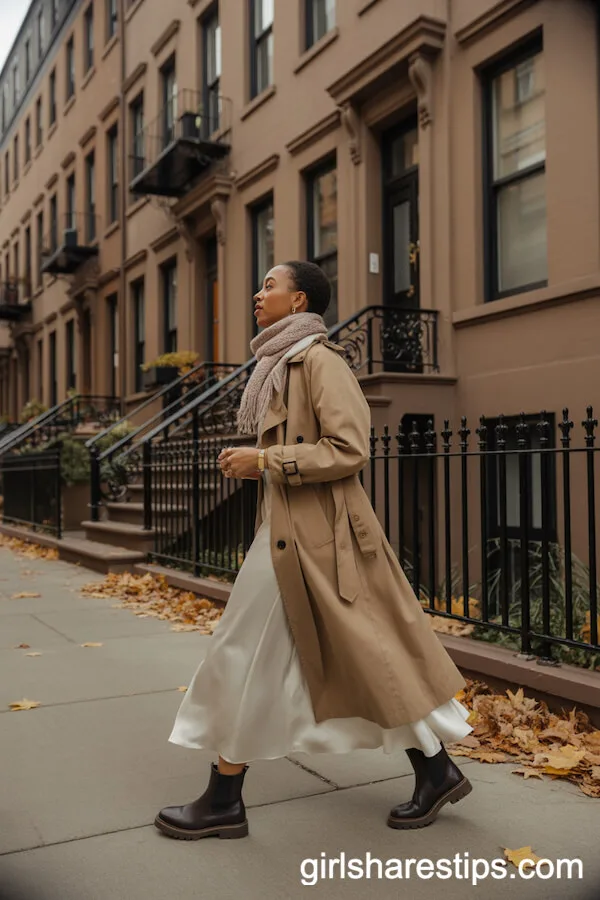 White Satin Skirt with Trench Coat, Scarf, and Chelsea Boots