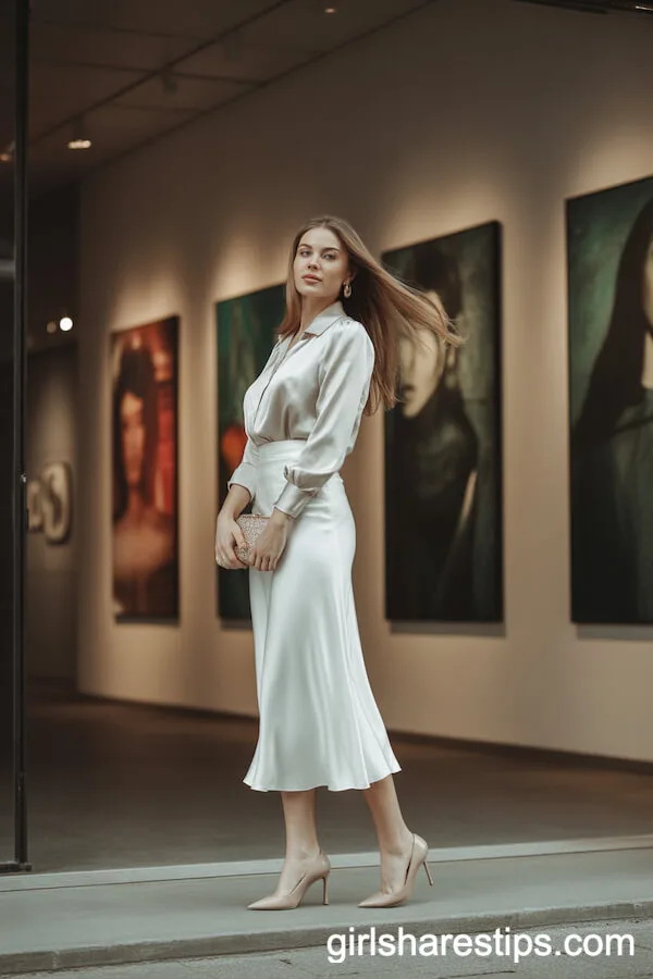 White Satin Midi Skirt with Silk Blouse and Stiletto Heels