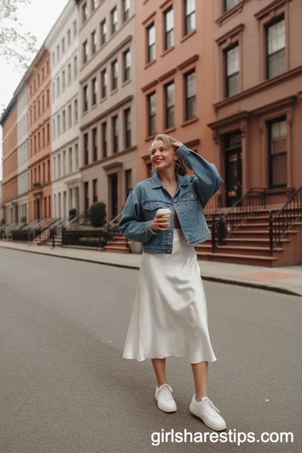 White Satin Midi Skirt Styled with Denim Jacket and Sneakers