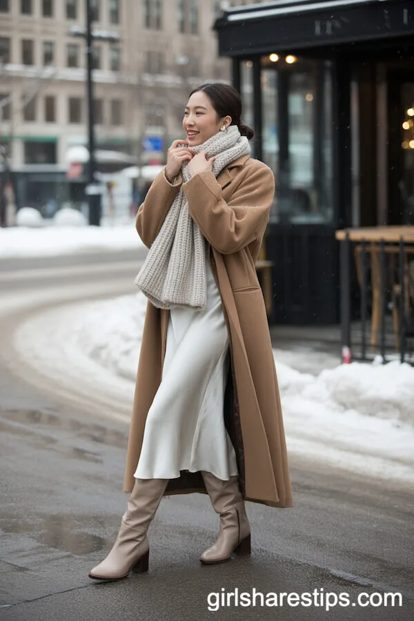 White Satin Midi Skirt with Camel Coat, Knit Scarf, and Knee-High Boots