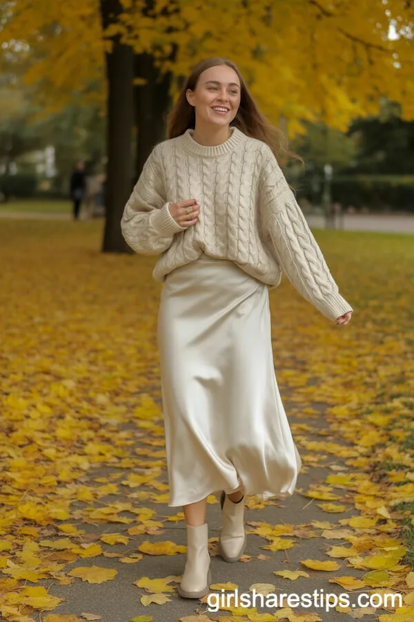 White Satin Midi Skirt with Chunky Sweater and Ankle Boots