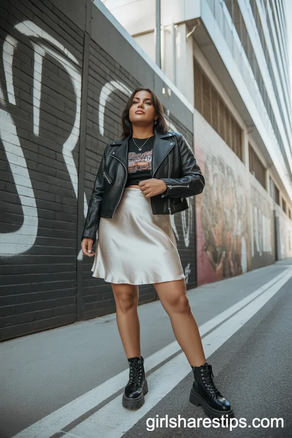 White Satin Skirt with Moto Jacket, Graphic Tee, and Combat Boots