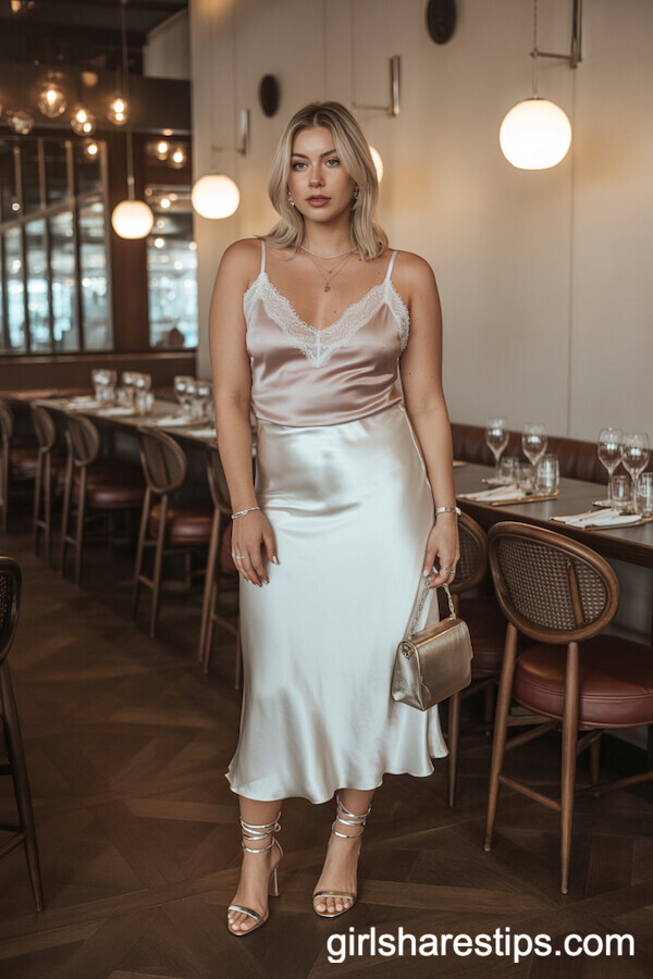 White Satin Slip Skirt with Lace-Trimmed Camisole and Heeled Sandals