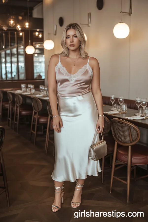 White Satin Slip Skirt with Lace-Trimmed Camisole and Heeled Sandals