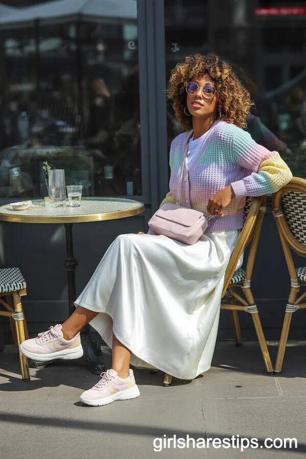 White Satin Skirt with Pastel Cardigan and Sneakers