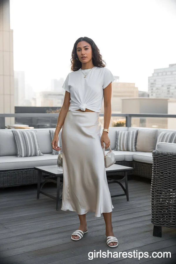 Monochrome White Satin Skirt and Tucked-In Tee with Sandals