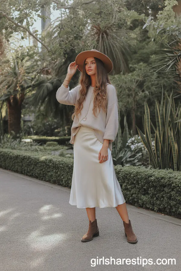 White Satin Skirt with Knit Top, Wide-Brim Hat, and Ankle Boots