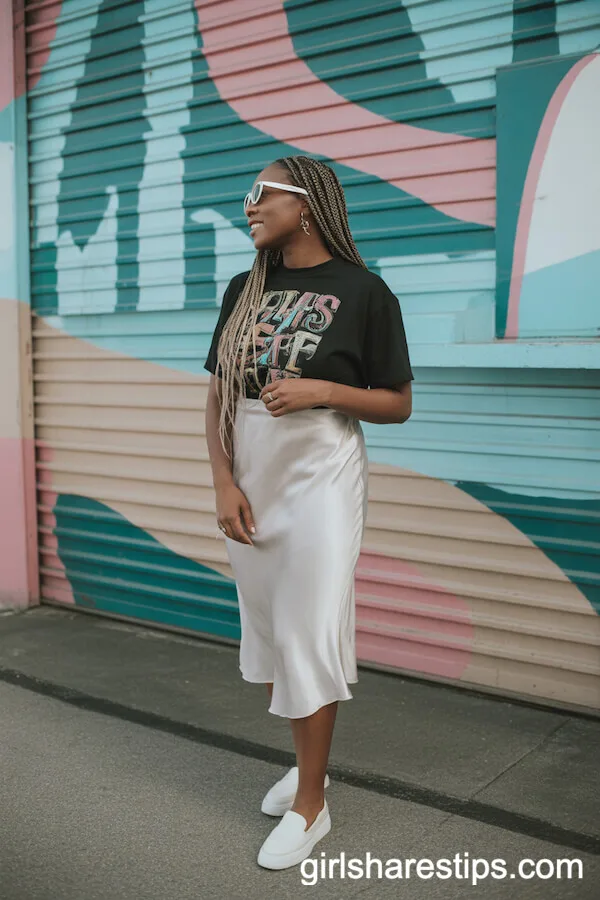 White Satin Skirt Paired with Graphic Tee and Slip-On Shoes