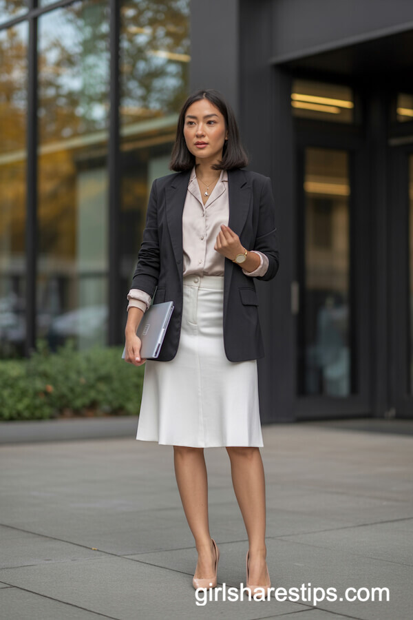 White Knee-Length Skirt Black Blazer