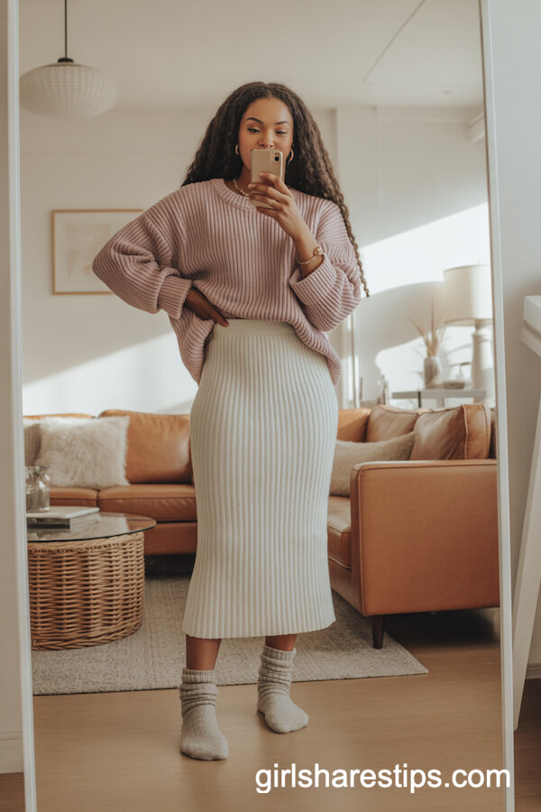 White Knit Skirt & Blush Chunky Sweater