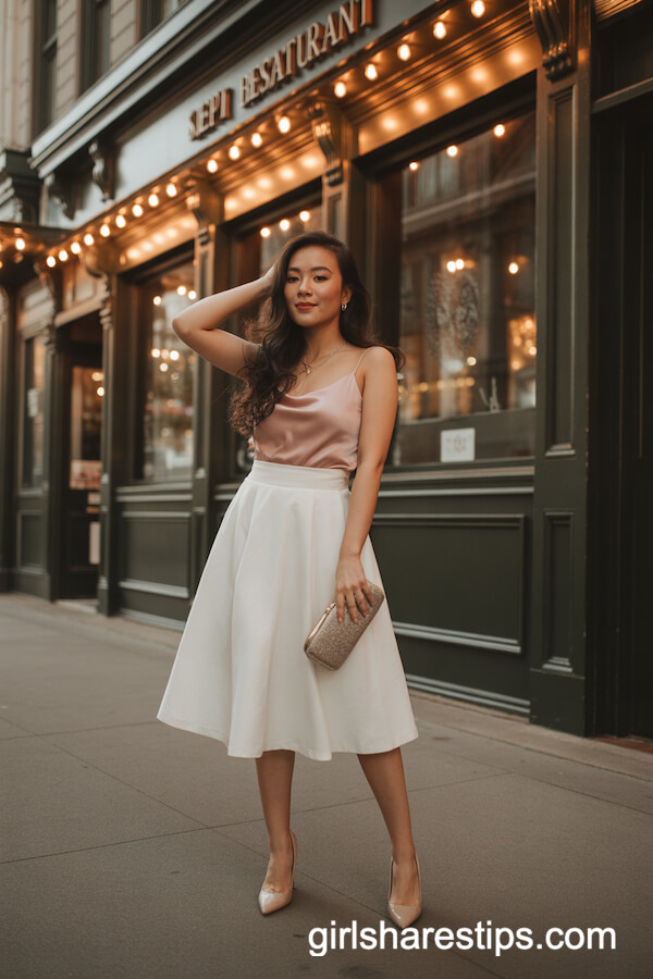 White Midi Skirt & Rose Pink Satin Camisole