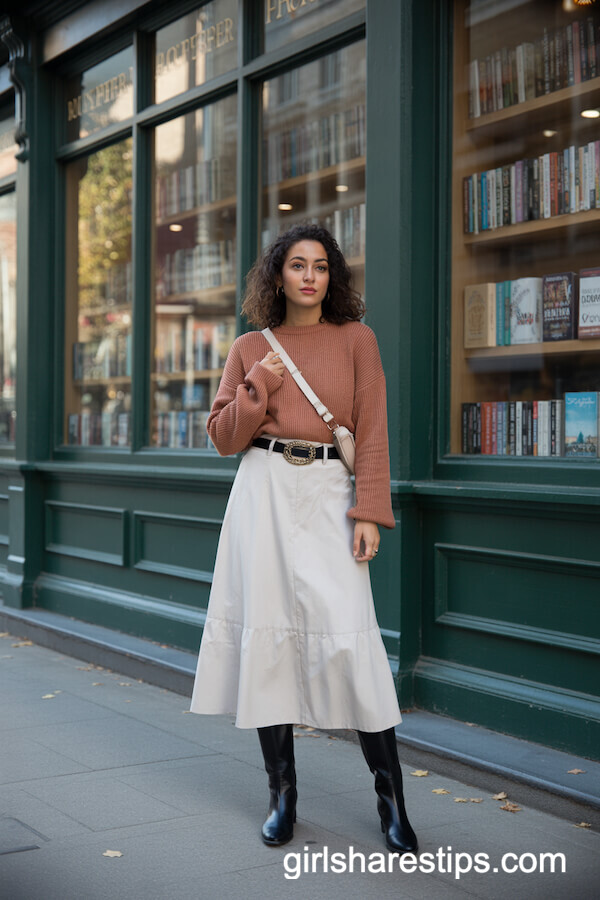 White Midi Skirt & Cinnamon Sweater with Black Belt