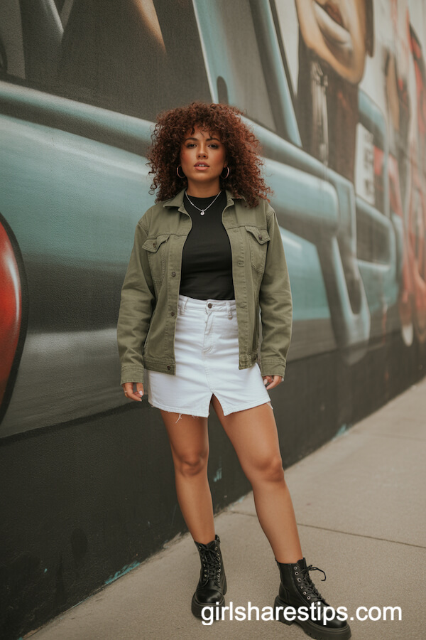 White Denim Mini Skirt & Khaki Cargo Jacket
