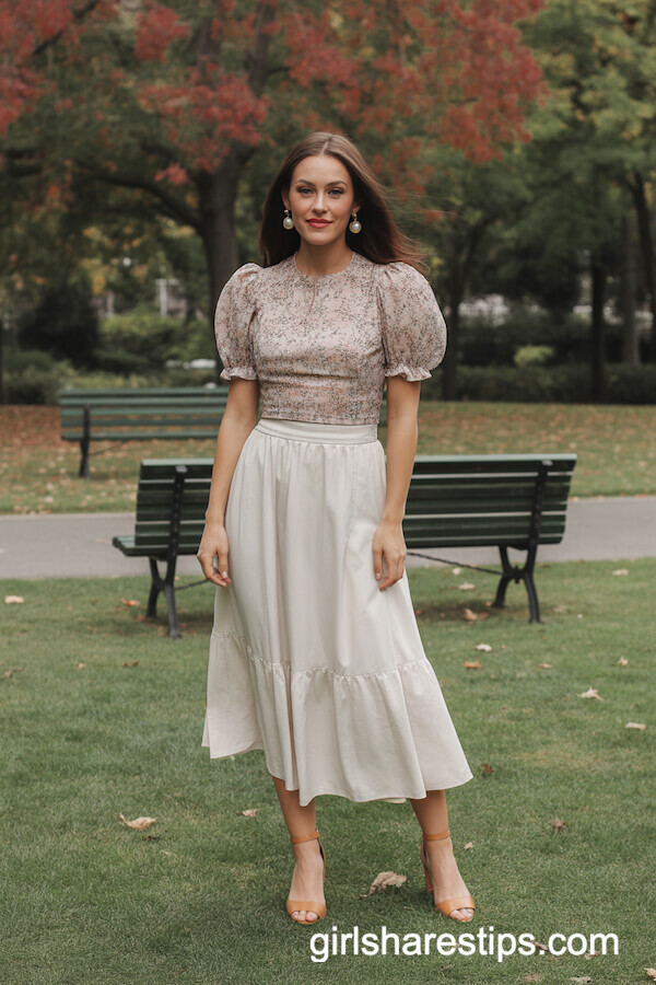 Flowy White Midi Skirt Floral Puff-Sleeve Top