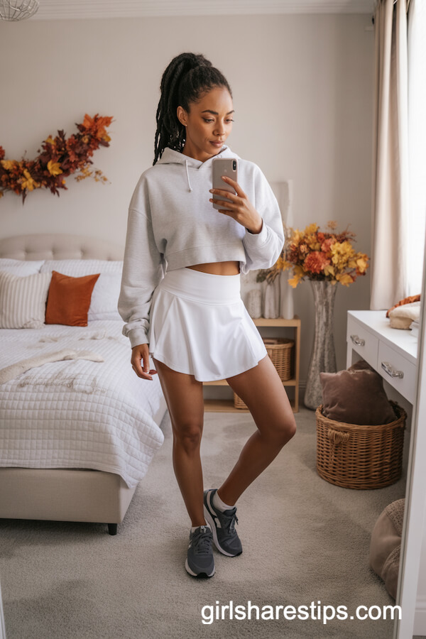 White Sporty Skirt & Gray Cropped Hoodie