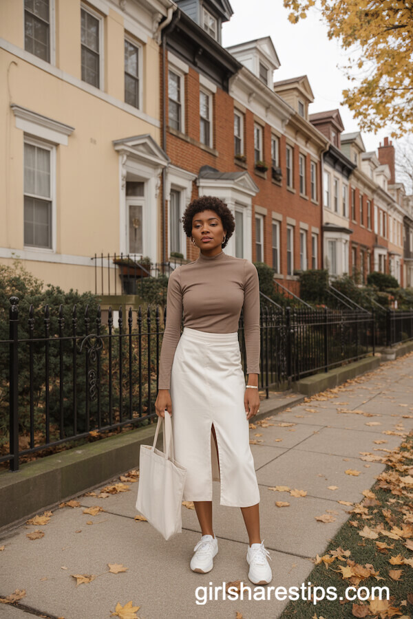 Straight White Skirt & Mocha Mockneck Top