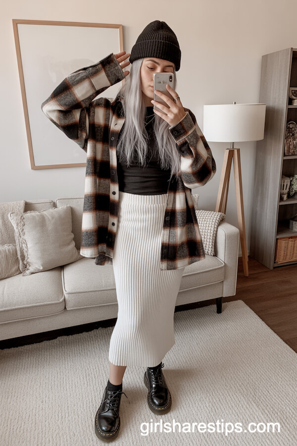 White Ribbed Skirt with Checkered Flannel & Docs