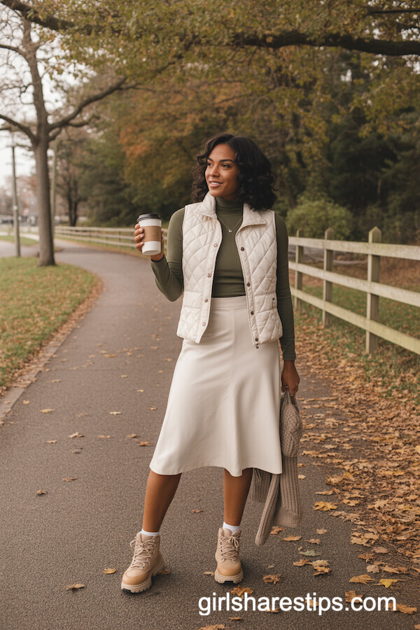 White A-Line Midi Skirt & Olive Turtleneck with Quilted Vest